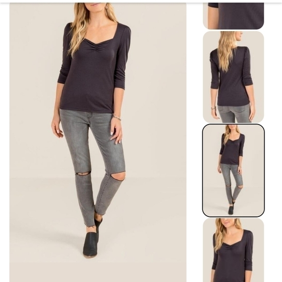 Nwt NEW YORK & COMPANY GREY TWIST FRONT 3/4 SLEEVE SILK TOP SMALL - Picture 1 of 13